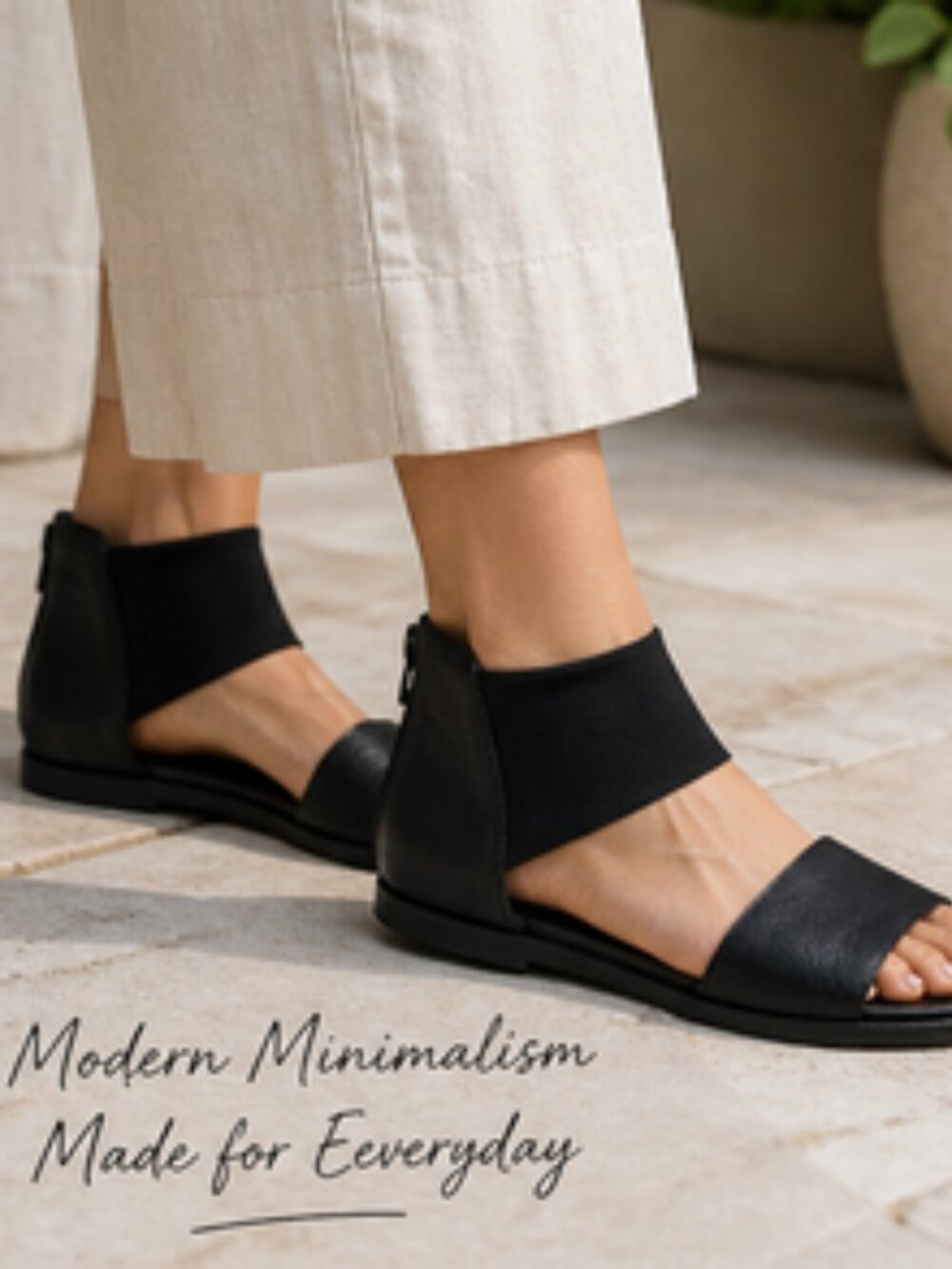 Eileen Fisher Black Leather Sandals – Size 8 | Minimalist Flat, Elastic Back Zip - Picture 14 of 16